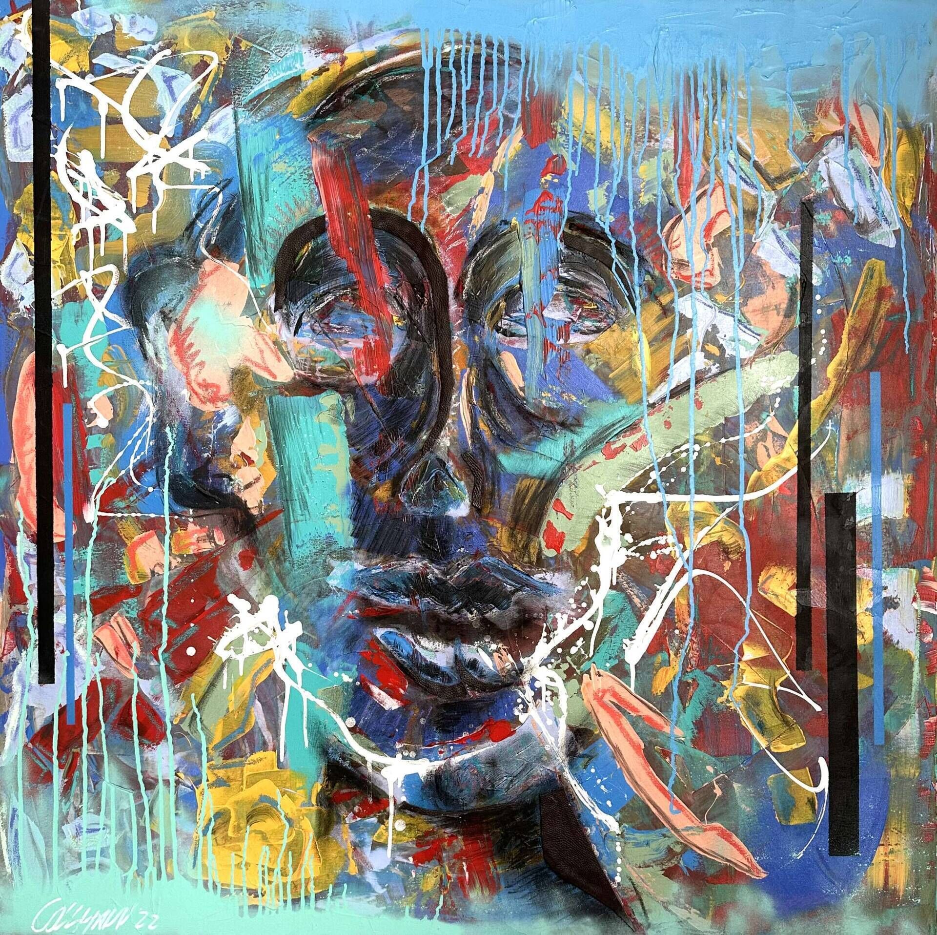 abstract portrait with black/ Blue stripes - Martin Collmann 1