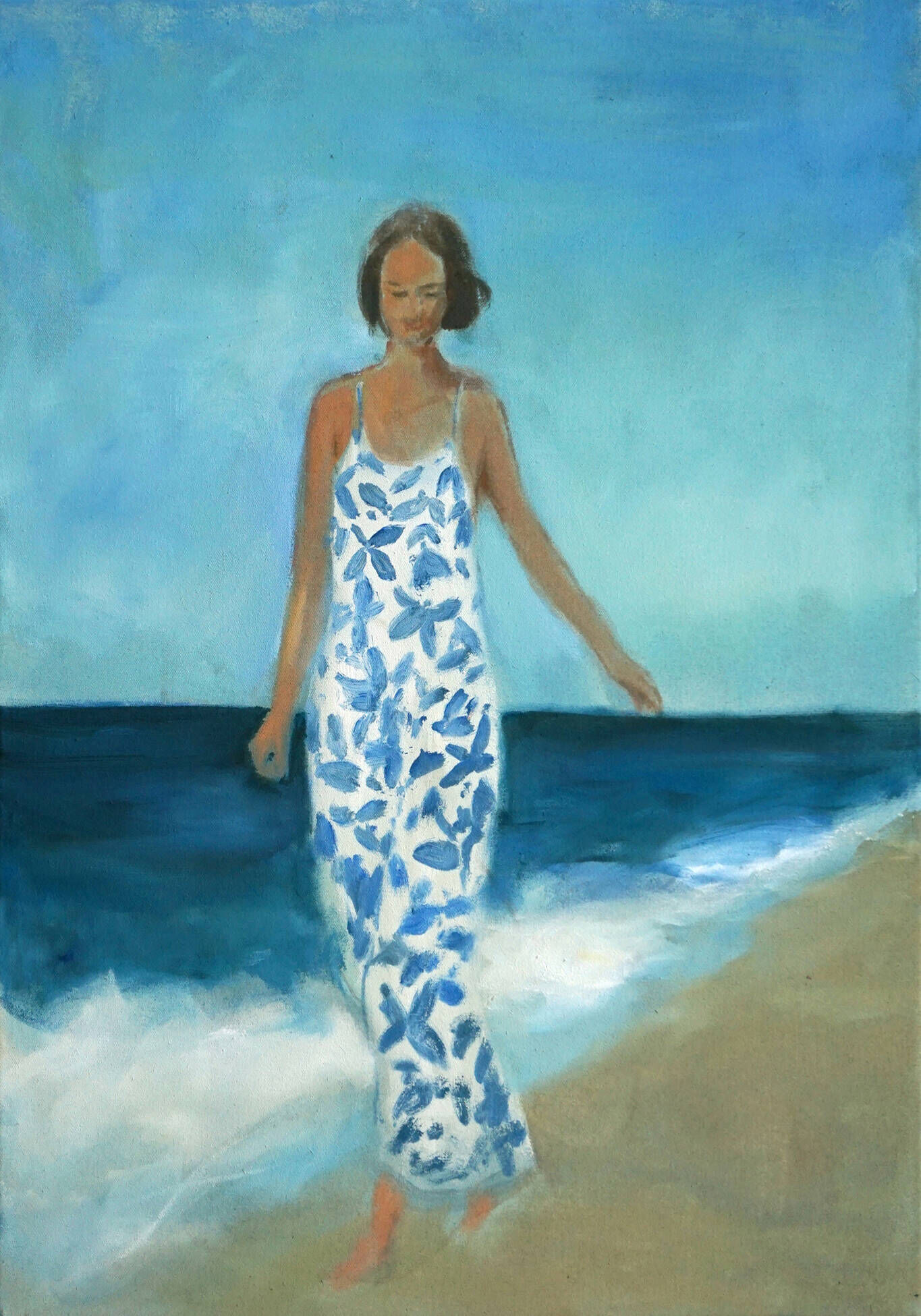 Frau in blauweißem Kleid am Meer - Christian Herzig 1