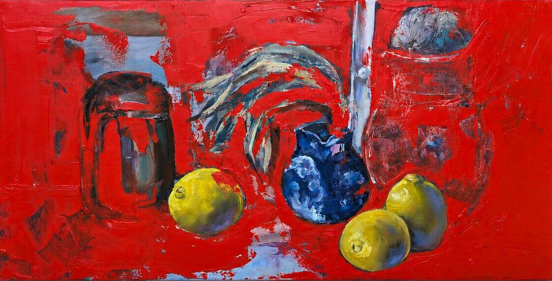 Stillleben mit Zitronen und blauer Fayencevase