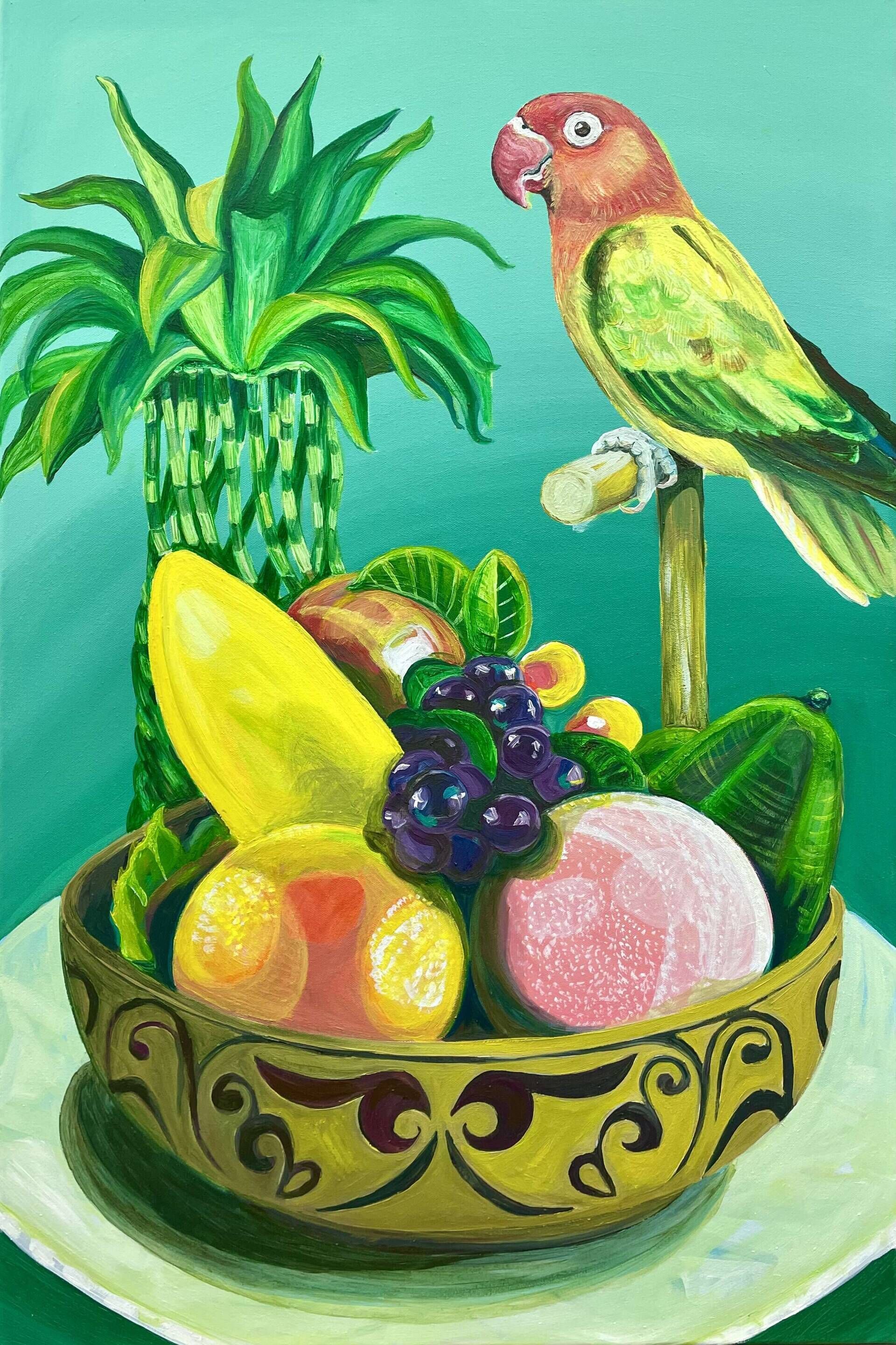 Stillleben mit Papagei und Obstschale - Delja Wilfert 1