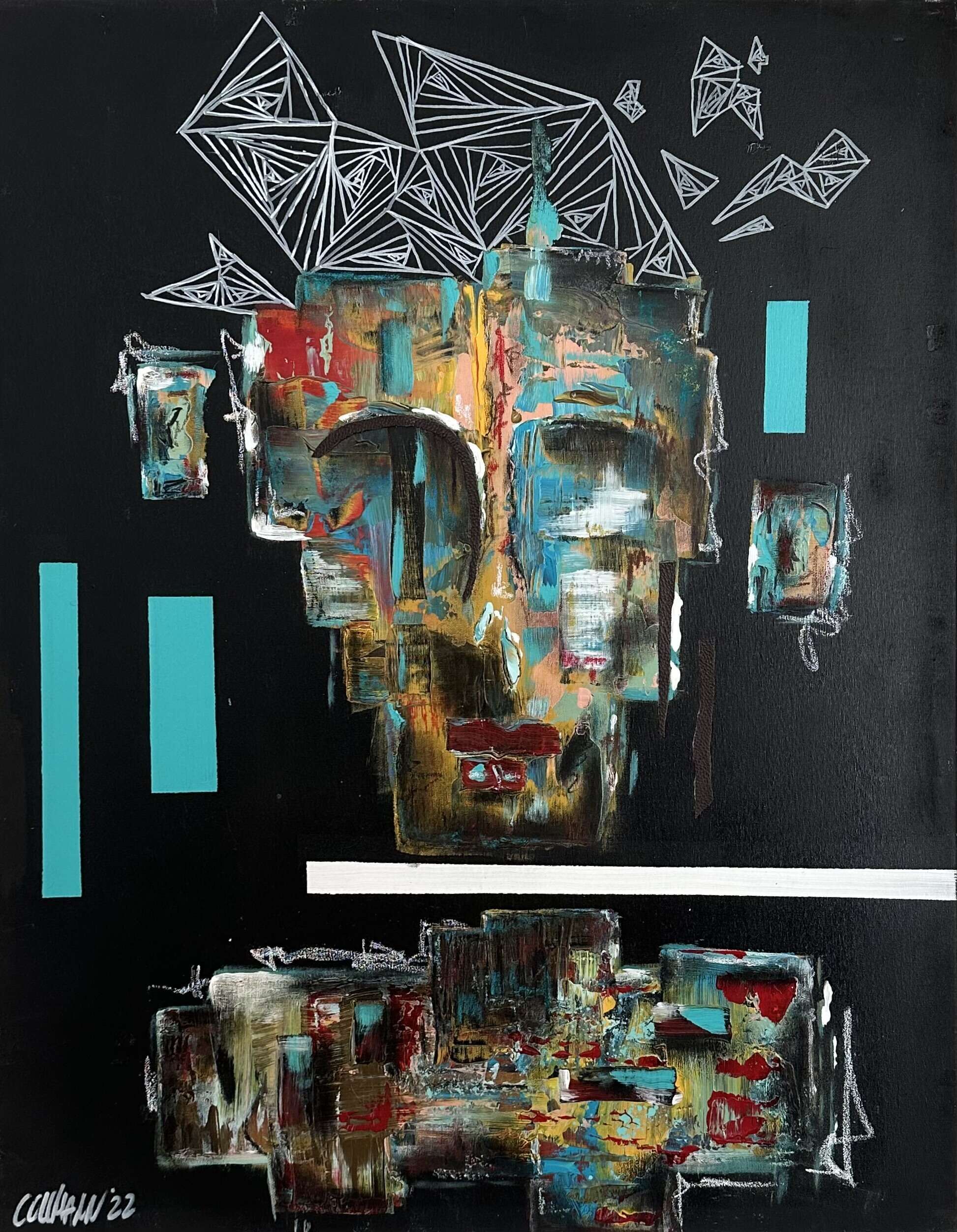 abstract portrait in front of black with a geometric head and turquoise/ white stripes - Martin Collmann 1